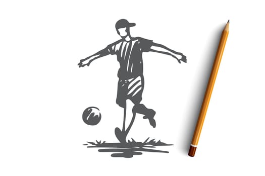 Boy, sport, soccer, ball, child concept. Hand drawn teen boy playing football concept sketch. Isolated vector illustration.