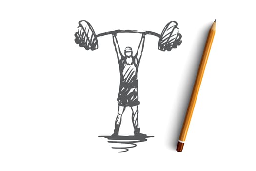 Old, man, barbell, weight, strong concept. Hand drawn old mature man with barbell concept sketch. Isolated vector illustration.