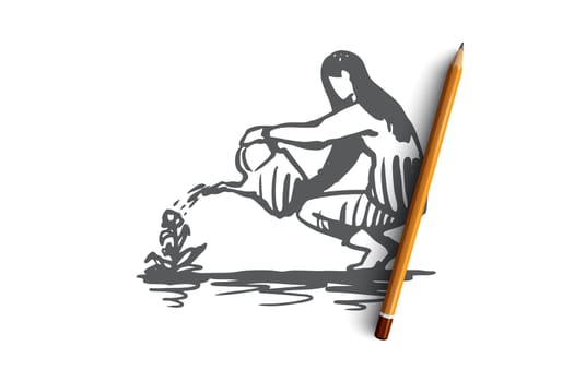 Woman, watering, flower, plant, gardening concept. Hand drawn woman watering flower in garden concept sketch. Isolated vector illustration.