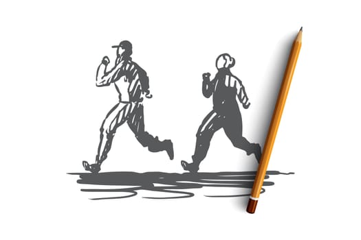 Woman, old, couple, running, sport concept. Hand drawn old sportive couple running concept sketch. Isolated vector illustration.