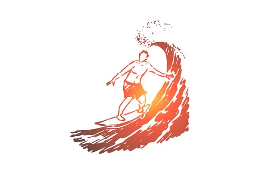 Surfing, wave, summer, board, sport concept. Hand drawn surfer on a wave concept sketch. Isolated vector illustration.