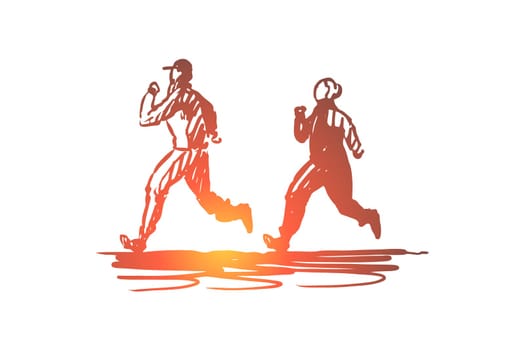 Woman, old, couple, running, sport concept. Hand drawn old sportive couple running concept sketch. Isolated vector illustration.