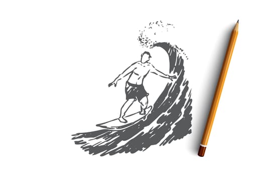 Surfing, wave, summer, board, sport concept. Hand drawn surfer on a wave concept sketch. Isolated vector illustration.