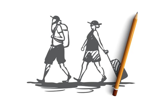 Old, couple, travel, trip, luggage concept. Hand drawn old couple travel with luggage concept sketch. Isolated vector illustration.