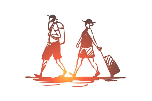 Old, couple, travel, trip, luggage concept. Hand drawn old couple travel with luggage concept sketch. Isolated vector illustration.