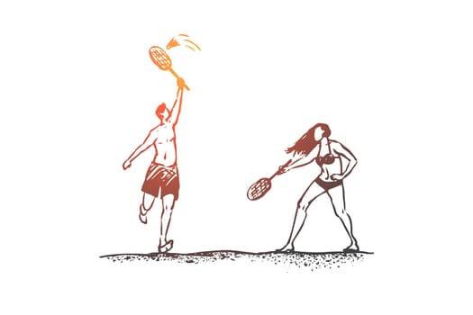 Badminton, beach, girl, summer, sport concept. Hand drawn man and woman play in badminton on beach concept sketch. Isolated vector illustration.