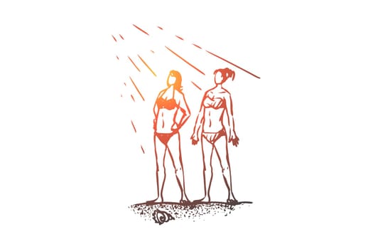Beach, girl, summer, sea, sunbathe concept. Hand drawn two young girls sunbathe on the beach concept sketch. Isolated vector illustration.