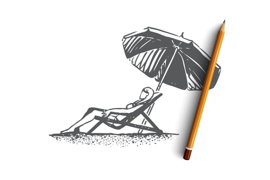 Beach, girl, summer, umbrella, sunbathe concept. Hand drawn young girl on the beach sunbathes under an umbrella concept sketch. Isolated vector illustration.