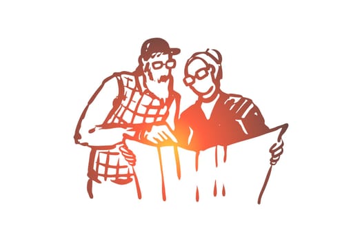 Old, couple, travel, trip, map concept. Hand drawn old couple traveling and looking for a route concept sketch. Isolated vector illustration.