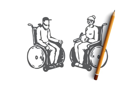 Old, senior, wheelchair, nursing, age concept. Hand drawn old couple in a nursing home on wheelchairs concept sketch. Isolated vector illustration.