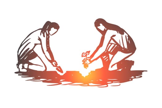 People, planting, flowers, gardening, nature concept. Hand drawn women planting flower in ground concept sketch. Isolated vector illustration.