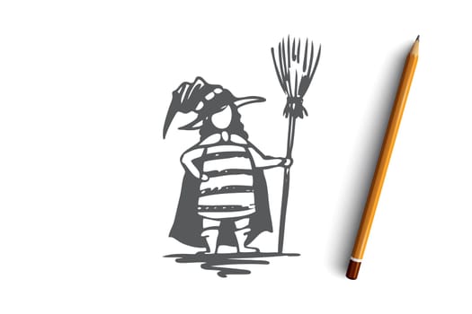 Halloween, female, costume, hat, broom concept. Hand drawn woman in Halloween costume with broom concept sketch. Isolated vector illustration.