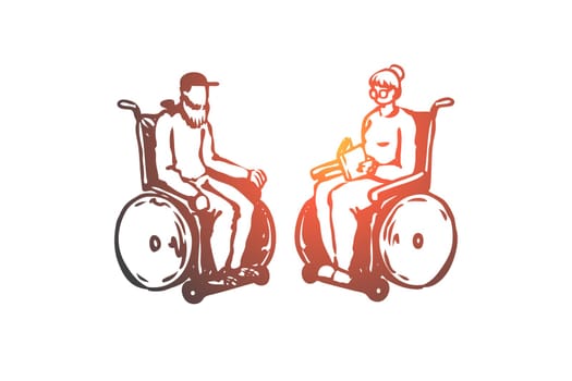 Old, senior, wheelchair, nursing, age concept. Hand drawn old couple in a nursing home on wheelchairs concept sketch. Isolated vector illustration.