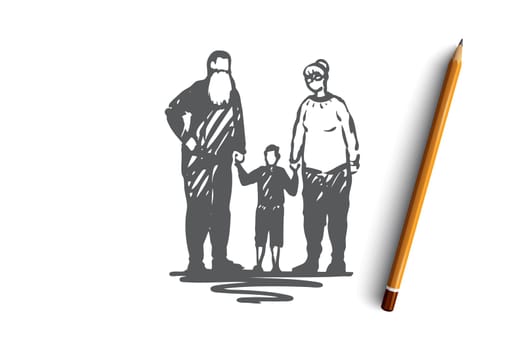 Old, couple, grandson, grandparents, love concept. Hand drawn old couple with grandson concept sketch. Isolated vector illustration.