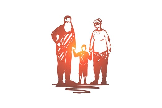 Old, couple, grandson, grandparents, love concept. Hand drawn old couple with grandson concept sketch. Isolated vector illustration.