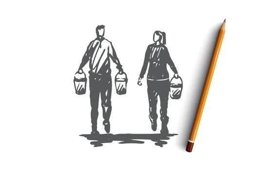 Couple, plant, garden, watering concept. Hand drawn young couple with water for plants concept sketch. Isolated vector illustration.