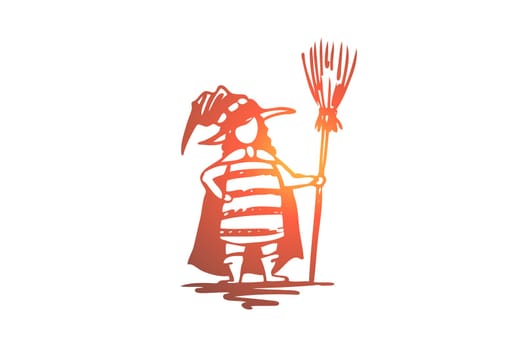 Halloween, female, costume, hat, broom concept. Hand drawn woman in Halloween costume with broom concept sketch. Isolated vector illustration.