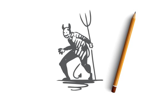 Halloween, monster, devil, scary, pitchfork concept. Hand drawn Halloween monster devil with pitchfork concept sketch. Isolated vector illustration.