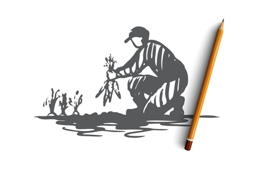 Harvest, agriculture, carrot, farmer concept. Hand drawn man harvesting carrot on field concept sketch. Isolated vector illustration.