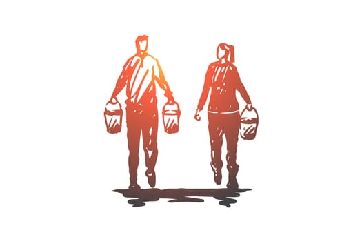 Couple, plant, garden, watering concept. Hand drawn young couple with water for plants concept sketch. Isolated vector illustration.