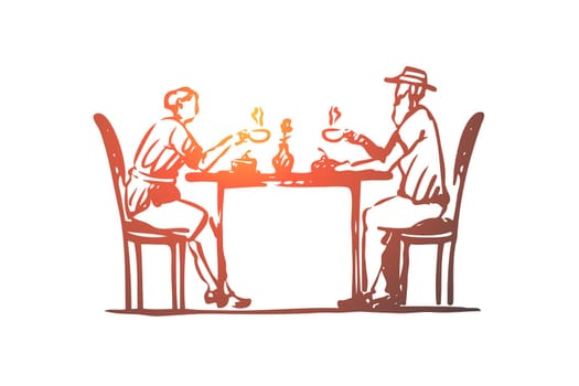 Old, couple, coffee, senior, cafe concept. Hand drawn old man and woman drink coffee concept sketch. Isolated vector illustration.
