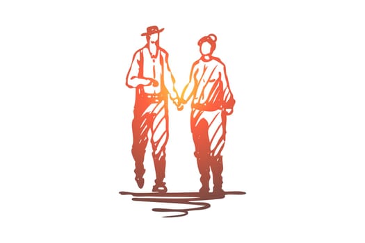 Old, couple, walking, love, together concept. Hand drawn senior couple walking together concept sketch. Isolated vector illustration.