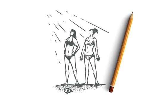 Beach, girl, summer, sea, sunbathe concept. Hand drawn two young girls sunbathe on the beach concept sketch. Isolated vector illustration.