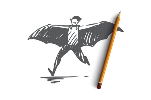 Halloween, bat, costume, horror concept. Hand drawn bat character on Halloween concept sketch. Isolated vector illustration.