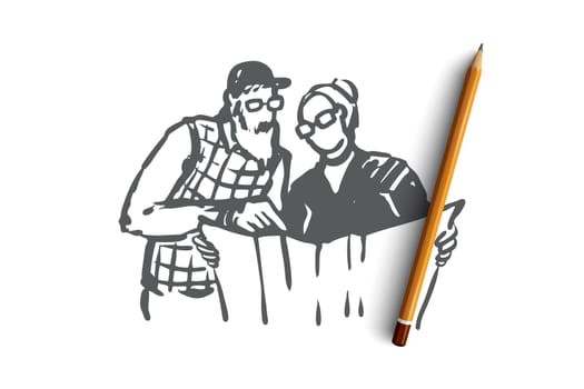 Old, couple, travel, trip, map concept. Hand drawn old couple traveling and looking for a route concept sketch. Isolated vector illustration.