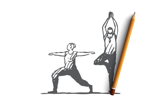 Old, couple, yoga, fitness, exercise concept. Hand drawn sportive couple doing yoga concept sketch. Isolated vector illustration.