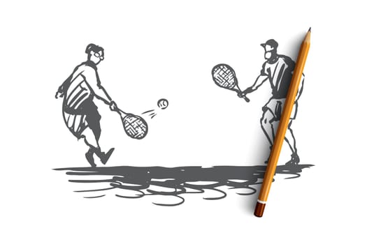 Old, couple, play, tennis, senior concept. Hand drawn old people man and woman play tennis concept sketch. Isolated vector illustration.