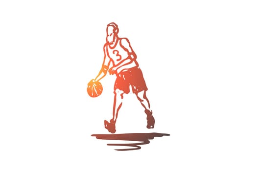 Old, man, play, basketball, activity concept. Hand drawn old mature man plays basketball on court concept sketch. Isolated vector illustration.