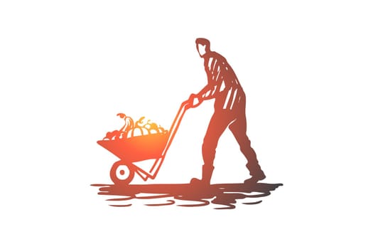 Harvesting, farmer, autumn, rural concept. Hand drawn farmer with harvest cart concept sketch. Isolated vector illustration.