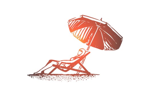 Beach, girl, summer, umbrella, sunbathe concept. Hand drawn young girl on the beach sunbathes under an umbrella concept sketch. Isolated vector illustration.