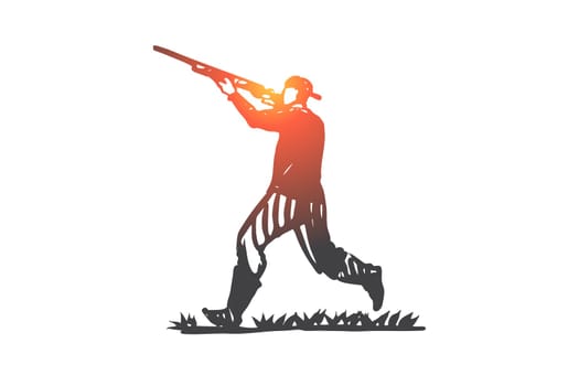 Hunter, rifle, shooting, weapon, man concept. Hand drawn hunter shoots a gun concept sketch. Isolated vector illustration.