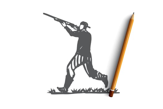 Hunter, rifle, shooting, weapon, man concept. Hand drawn hunter shoots a gun concept sketch. Isolated vector illustration.