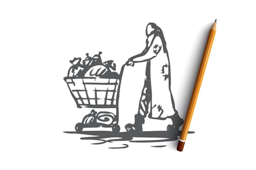 Homeless, beggar, poor, dirty, help concept. Hand drawn beggar man in dirty clothes concept sketch. Isolated vector illustration.