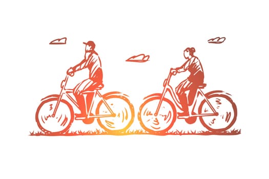 Old, couple, bicycle, happy, sport concept. Hand drawn old couple cycling outdoor concept sketch. Isolated vector illustration.