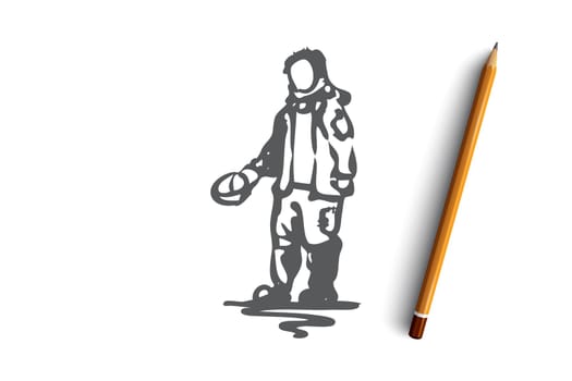 Beggar, poor, dirty, problem, tramp concept. Hand drawn beggar asking for money concept sketch. Isolated vector illustration.