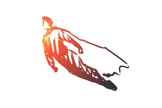 Fly, superhero, powerful, strong concept. Hand drawn flying superhero concept sketch. Isolated vector illustration.