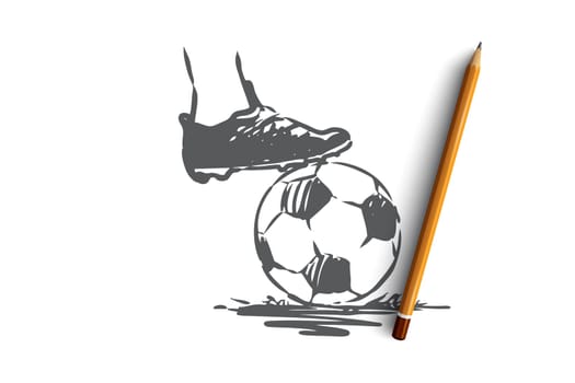 Fine, penalty, football, soccer, game concept. Hand drawn soccer player foot on ball concept sketch. Isolated vector illustration.