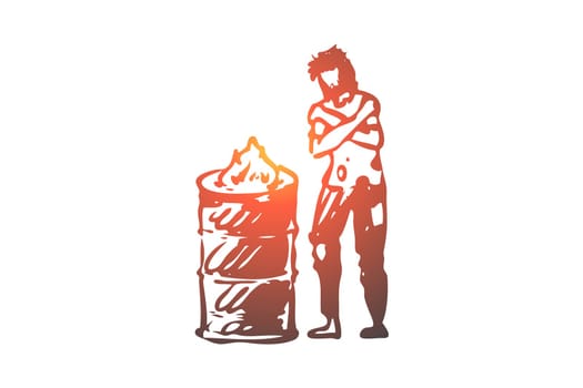 Homeless, fire, poor, problem, trouble concept. Hand drawn homeless man is heated by the fire concept sketch. Isolated vector illustration.