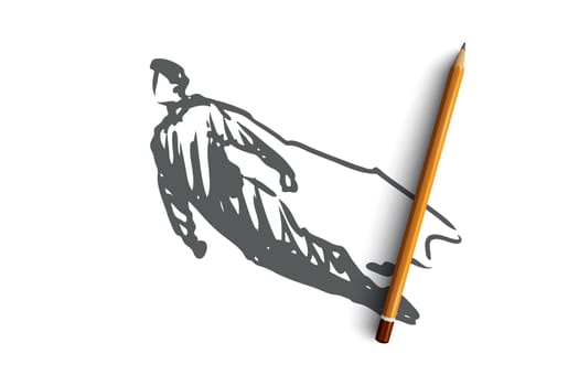Fly, superhero, powerful, strong concept. Hand drawn flying superhero concept sketch. Isolated vector illustration.