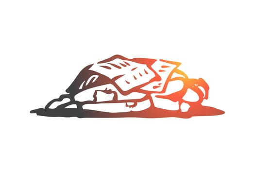 Homeless, sleep, outdoor, poor, miserable concept. Hand drawn homeless man sleeping outdoor concept sketch. Isolated vector illustration.