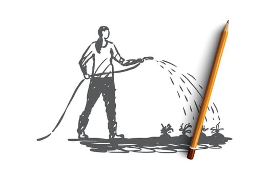 Woman, watering, flowers, garden, plant concept. Hand drawn woman watering flowers in garden concept sketch. Isolated vector illustration.