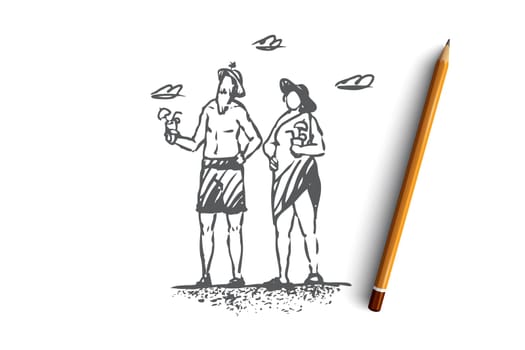 Old, couple, recreation, beach, family concept. Hand drawn happy old couple on the beach drinking cocktails concept sketch. Isolated vector illustration.