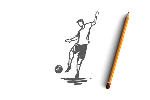 Forward, football, player, action, goal concept. Hand drawn footbal player with ball concept sketch. Isolated vector illustration.