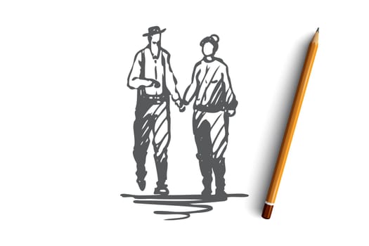 Old, couple, walking, love, together concept. Hand drawn senior couple walking together concept sketch. Isolated vector illustration.