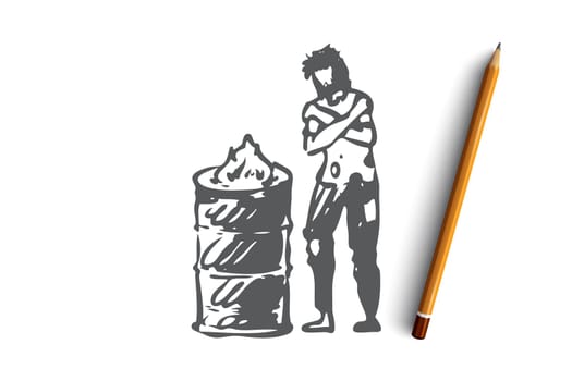 Homeless, fire, poor, problem, trouble concept. Hand drawn homeless man is heated by the fire concept sketch. Isolated vector illustration.