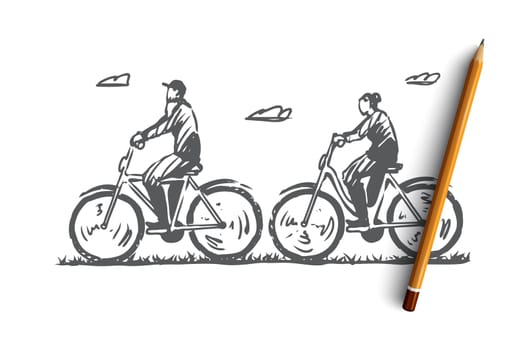 Old, couple, bicycle, happy, sport concept. Hand drawn old couple cycling outdoor concept sketch. Isolated vector illustration.